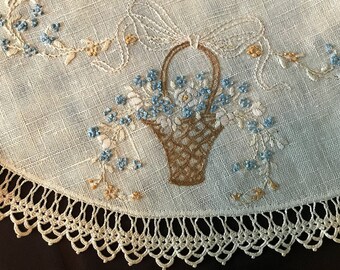 Beautiful Vintage Oatmeal Linen Round Doily with Crocheted Edging