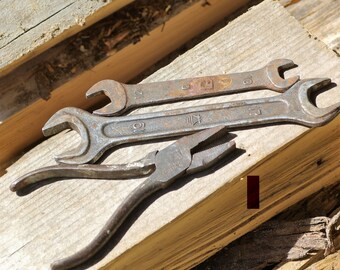 Metal wrench and pliers, vintage metal tools hardware rustic metal decor steampunk supplies Soviet tools art projects crafts rusted Russian