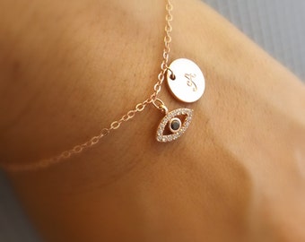 Rose gold evil eye bracelet-Initial and evil eye bracelet, rose gold gold plated evil eye jewelry, initial bracelet, bridesmaid gift