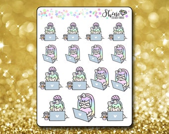 Luna Computer Work Stickers - Planner Stickers Erin Condren Life Planner Cute Emoji Work Time Character Girl Stickers Happy Planner