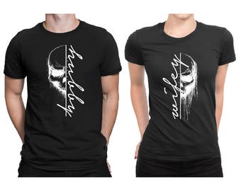 Couple Matching T-shirt Set, Hubby Wifey Skull - Custom Date, Custom Wedding T-shirt, Couple T-shirt, Valentines Personalized T-shirt #7
