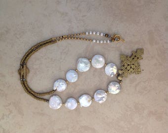 Coin Freshwater Pearls with Ethiopian Cross .One of a Kind.