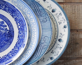 Mismatched Blue and White Dinner Plates for Weddings Set of 4 English Blue Transferware English China, Rustic Replacement China