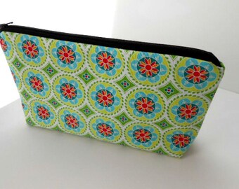 Large Cosmetic Zipper Pouch Large Padded Cosmetic Bag Flat Bottom Zippered Pouch Clutch ECO Friendly Green Madhuri Medallions