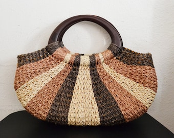 Woven purse,bag,Sisal Purse, Brown, Tan ,Handbag ,Wood Handles