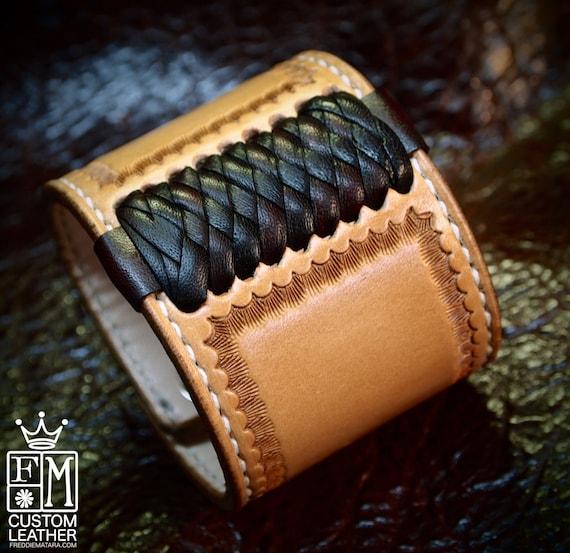 Leather cuff Bracelet American Western Saddle style wristband Handstitched Braided Stamped Handcrafted for YOU in USA by Freddie Matara!