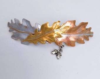 Leaf Hair Barrette, Oak leaves and Acorn, Large French Barrette