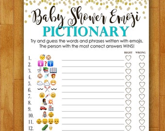 Baby Shower Game Pictionary - EMOJI Pictionary - Teal Mint and Gold - Instant Printable Digital Download - diy Baby Shower Printables BOY