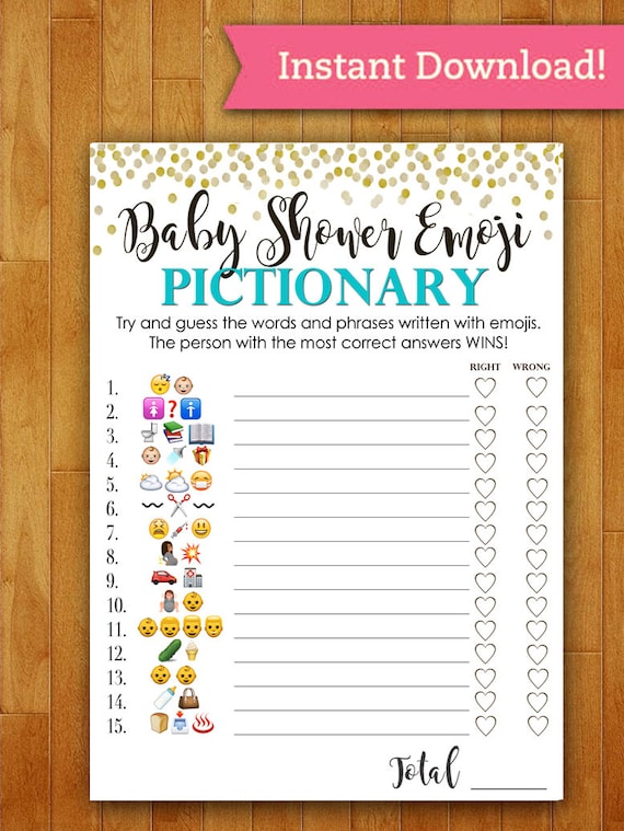 Baby Shower Game Pictionary EMOJI Pictionary Teal Mint and