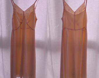 Vintage 1930's, Slip dress , silky satin, embroideries, peach color, small.