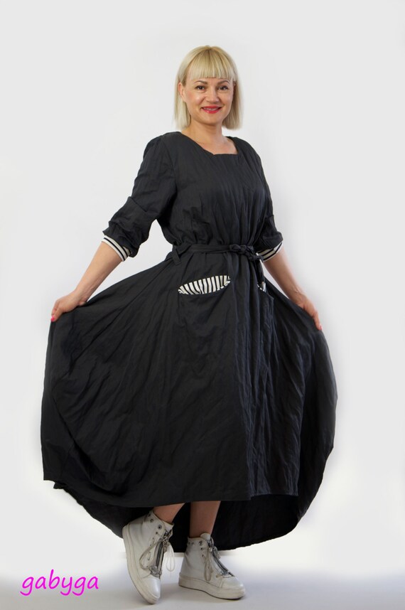 Black maxi cotton dress/Casual loose cotton dress/Long