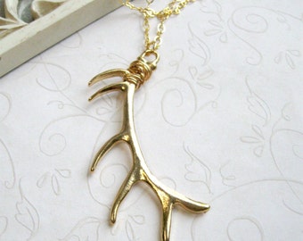 Gold Antler Necklace on Long Gold Chain wire wrapped necklace