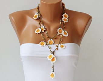 Crochet beaded double wrap necklace ,crochet necklace, crochet flower necklace