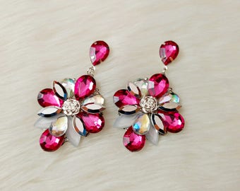 New gorgeous bib statement earrings in pink color, gift for her, gift for wife, statement earrings, anniversary, weddings, summer jewelry