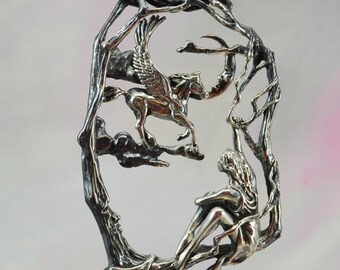 Magical Pegasus & Maiden "Wait No Longer" Fantasy Jewelry Pendant in Sterling Silver