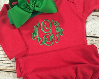 Monogrammed Christmas gown, newborn red and green outfit, baby Christmas pajamas
