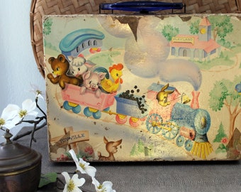 Vintage Margaret Holbrook Little Animal Train Child’s Suitcase Doll Case Easter Farmhouse Shabby Chic Kid Toyville Playland Toy Nursery