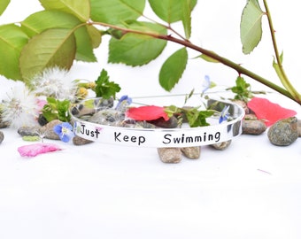 Aluminum Cuff Bracelet - Just Keep Swimming - Disney jewelry - hand stamped - finding nemo bracelet - Inspirational bracelet - personalized