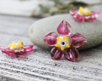 Lampwork Flower Beads - 1 pc Pink Flower, Glass Beads, Handmade Lampwork Flower Beads, Glass Flower Beads