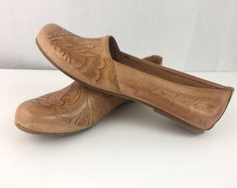 Womens Leather Tooled Shoes Flats