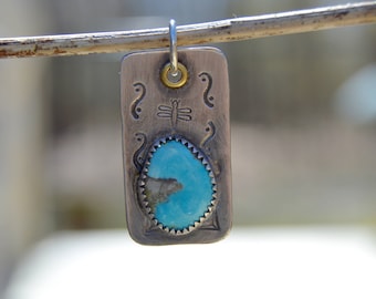 Talisman Turquoise Sterling Silver Pendant . USA Mined Turquoise . Hand Stamped . Relics