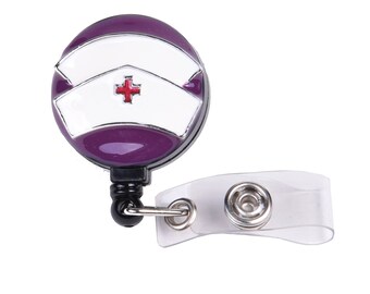 Nurse Hat RN Retractable Badge Reels/ ID Badge Holder (Purple Background)