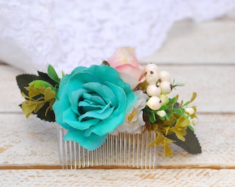 Turquoise Pink boho flower comb Hairstyle Flower accessories Hair comb Bridal Bridesmaid headpiece Rustic hair Beach Wedding Flower gift