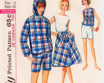 1960s Skirt Pattern Wrap Skirt Pattern Hooded Jacket Pattern Sleeveless Blouse Vintage Shorts SIMPLICITY 5836 bust 32" 1960s Shorts Pattern