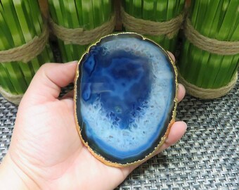Blue Agate Coaster - Blue Agate Slice with Gold Plated Edges (RK29-11)