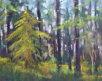 FOREST Trees Summer Landscape Original Pastel Painting Karen Margulis 9x12