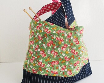 Green Floral Fabric and Striped Denim Tote Bag | Medium handbag to use as a market tote grocery shopping bag, project tote, or storage bag.