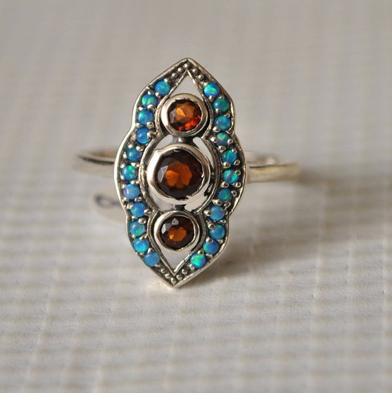 Sterling Silver Fire Garnet Opal Edwardian Ring Sz 8 #9827