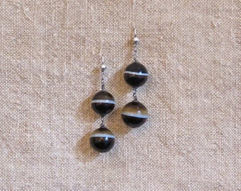 Victorian Scottish Agate Earrings - Antique Banded Agate and Sterling Earrings - c. 1850