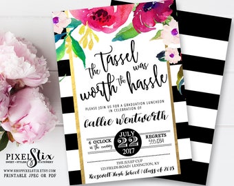 Graduation Invitation, Graduation Party Invitations, College Graduation, High School Graduation, Floral Grad Invite Kate Black and White