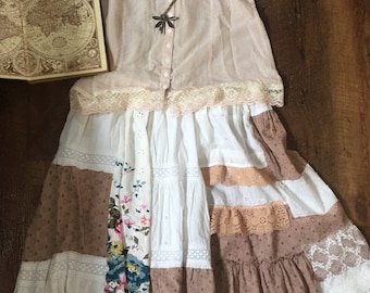 Patchwork with Lace Skirt. Vintage, Shabby Chic Mori Girl Skirt. (size Medium/Large) Hand made by Seashellanna