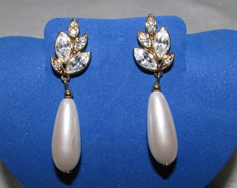 vintage 60's teardrop pearl and crystal rhinestone drop pierced earrings holiday wedding bridal estate find