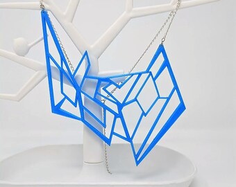 Blue Asymmetrical Statement Necklace--3D Printed Jewelry--Fluorescent Bib Necklace--Contemporary Mod--Neon Lightweight Statement Jewelry
