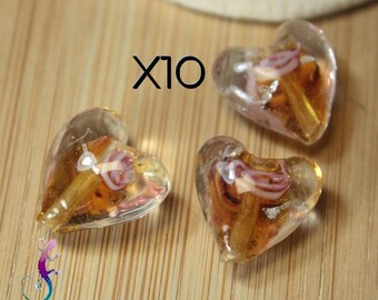 10 heart pendant in murano glass beads, orange and pink 12 x 12 mm
