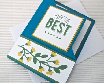 You're the best card handmade stamped fancy fold blue indigo yellow flower stationery greeting party supplies