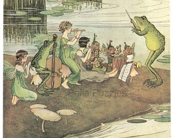 Hand-cut wooden jigsaw puzzle. FAIRY MUSICAL BAND. Outhwaite. Fairytale gift. Wood, collectible. Bella Puzzles.