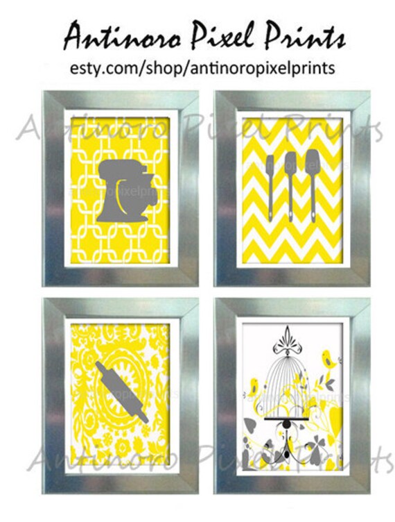 Yellow White Grey Unframed Kitchen Utensils Art Collection