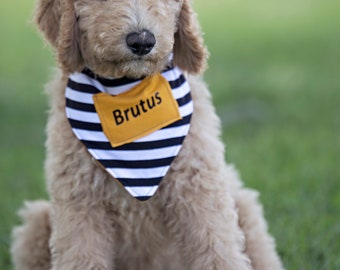 Striped Black and White Dog Bandana Custom Name Reversible