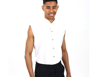 Men White Sleeveless Tuxedo Shirt