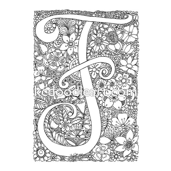 instant digital download adult coloring page letter F with