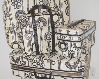 60s Samsonite Fashionaire Mod Black and White Floral Marimekko Suitcase 5 Piece Luggage Set