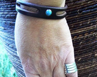 Lil Trinity Turquoise Leather Bracelet, Men's Women's Turquoise Bracelet, Native American Style Cuff Bracelet, Boho Tribal Hippie Jewelry