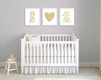 Girl Nursery Prints - Set of 3 prints - Faux Gold Prints - And Though She Be But Little She Is Fierce - Let Her Sleep Print - Heart Print