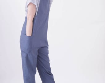Linen Cross back overalls (Indigo-Navy-Grey-Ecru)