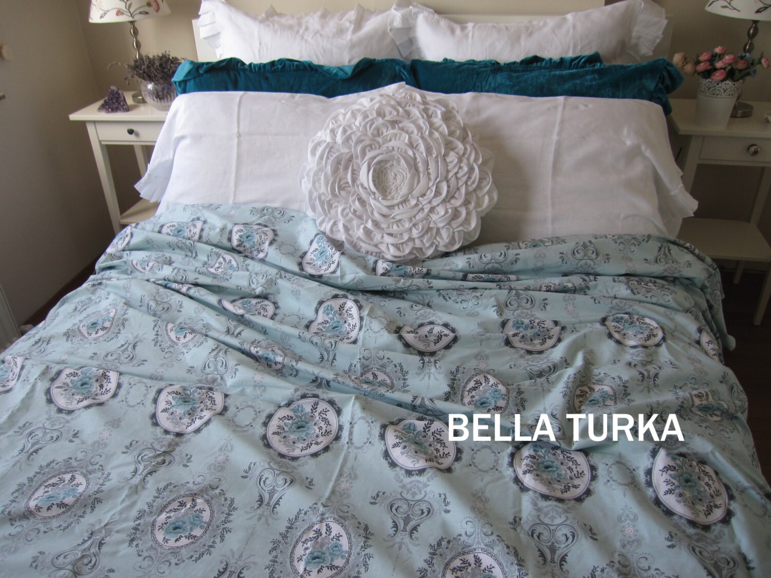 Rose Print Duvet Cover Blue Floral Bedding Mint green