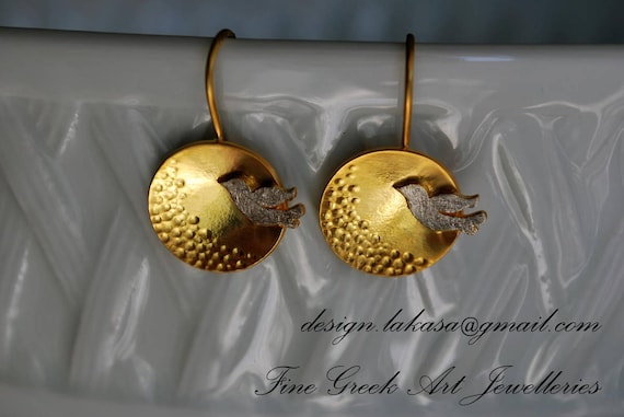 Dove Earrings Sterling Silver Gold plated Handmade Jewelry Romantic Style for her Birthday Anniversary Woman Mother day Love Peace Harmony